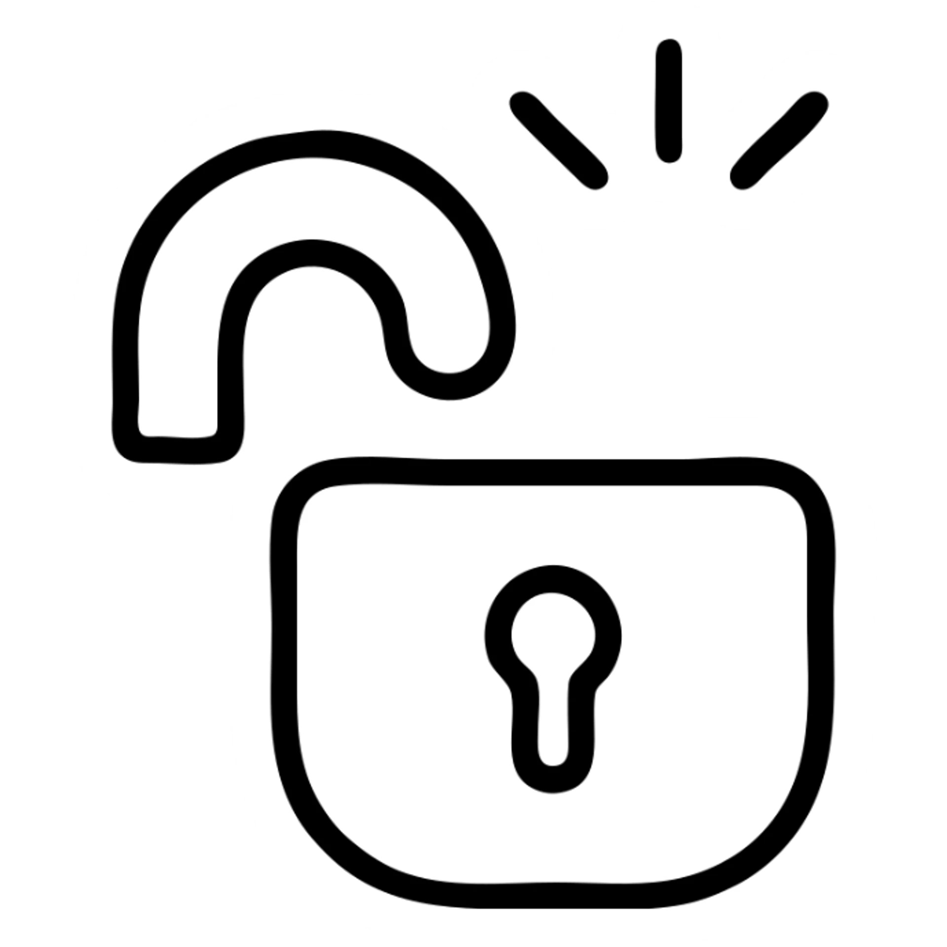 open padlock icon with a ray of light, simple black stroke style sticker