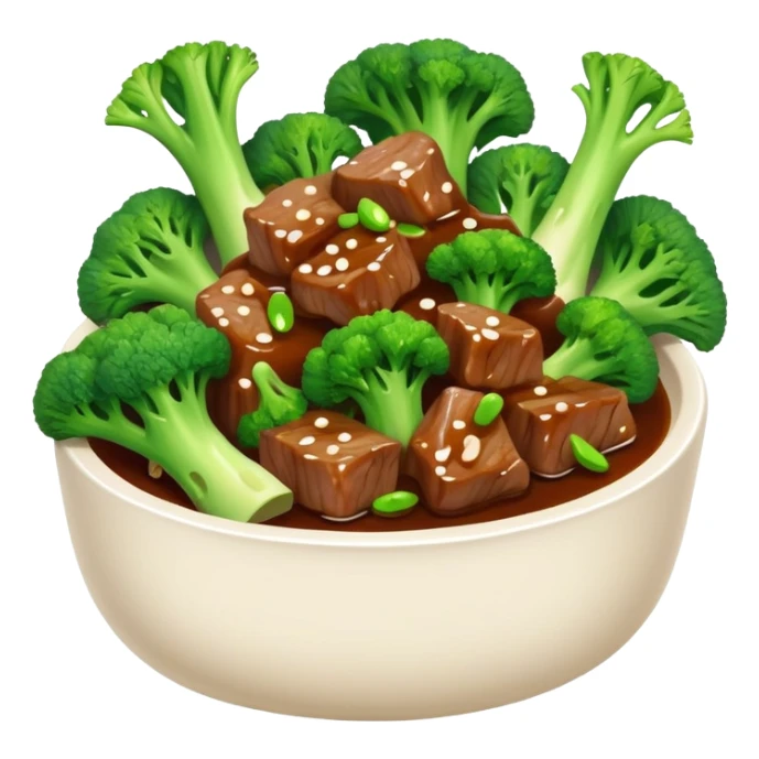 Beef with Broccoli in oyster sauce, simplified emoji style with bold outlines and bright colors, cartoon style stir fried Xi Lan Hua Niu Rou sticker