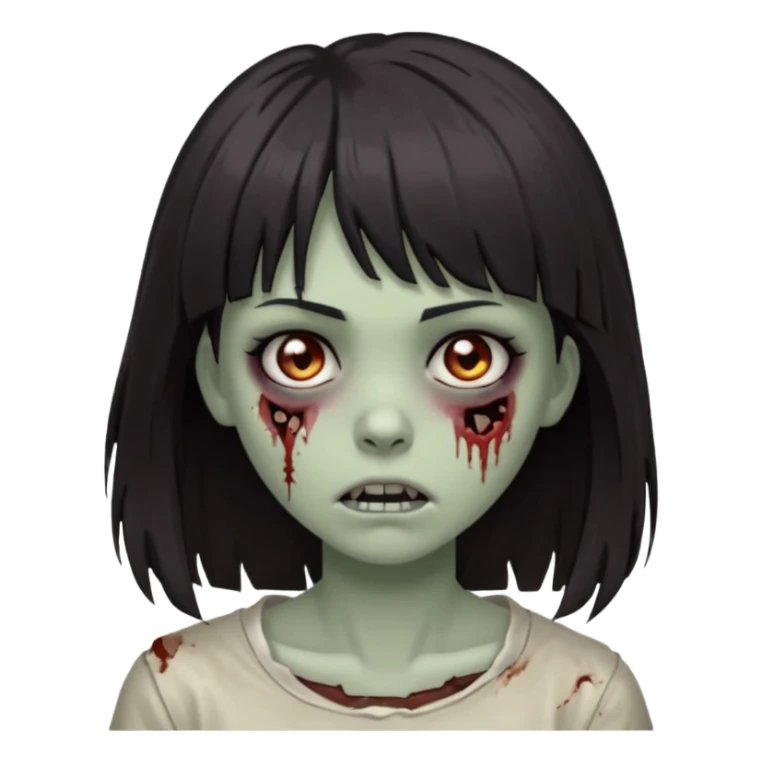  iPhone emoji is a zombie girl with dark hair long below her shoulders bangs and a ragged haircut gray eyes sticker