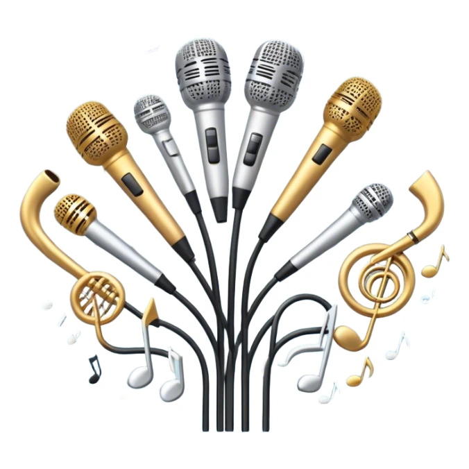 Create a harmonious and elegant emoji that represents choral singing. The design should feature multiple microphones arranged in a semi-circle, symbolizing a choir. Add musical notes flowing around to represent the harmony and unity of the voices. Include subtle elements like sheet music or a conductor's baton to reflect the organized aspect of choral performance. Use colors like gold, silver, and soft blue to evoke a sense of togetherness, professionalism, and grace. The background should be transparent. sticker