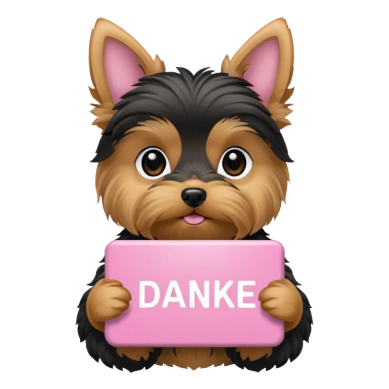 yorkshire dog holding a light pink danke schön sign sticker