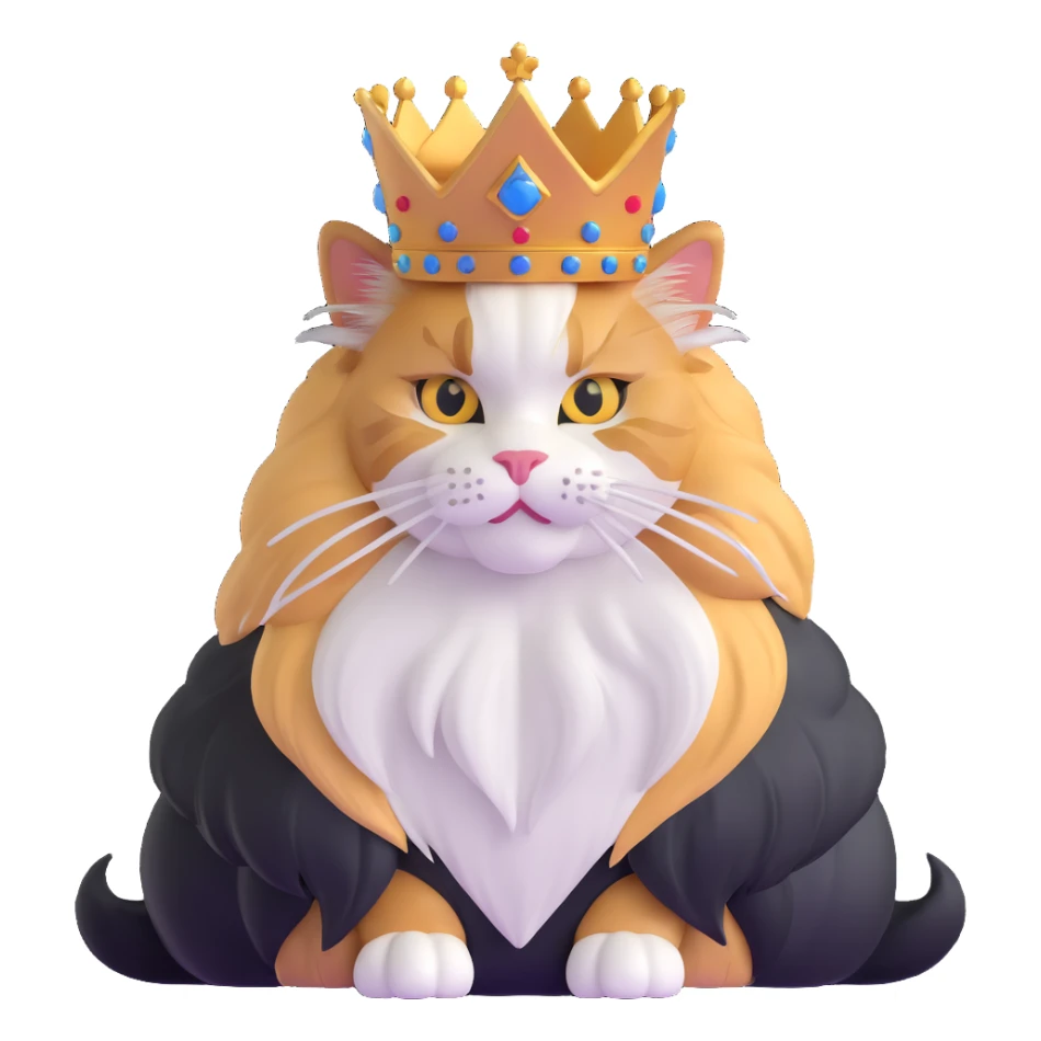 majestic calico maine coon cat with fluffy mane wearing a royal crown sticker