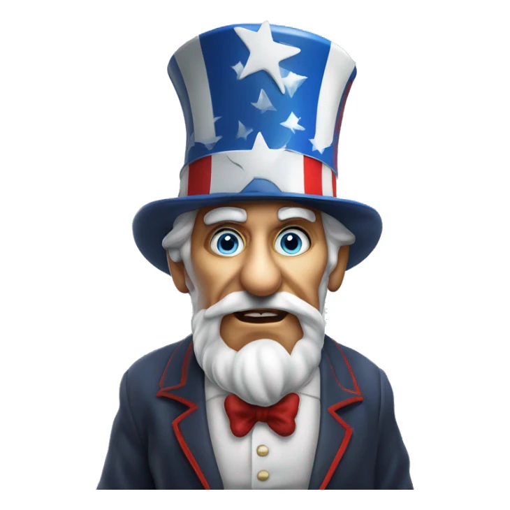 Uncle Sam with pitiful eyes holds a sign at full height waist photorealistic serious sticker