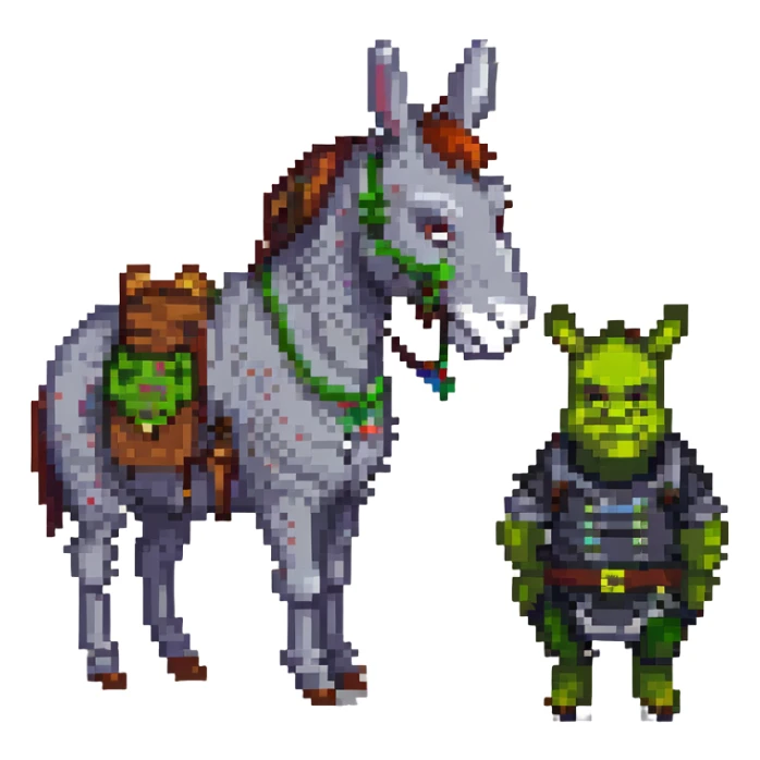pixel art donkey standing next to Shrek, happy face sticker