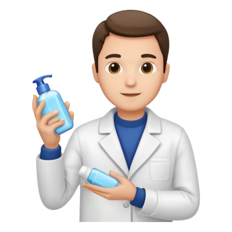 man with white coat holding skincare products sticker