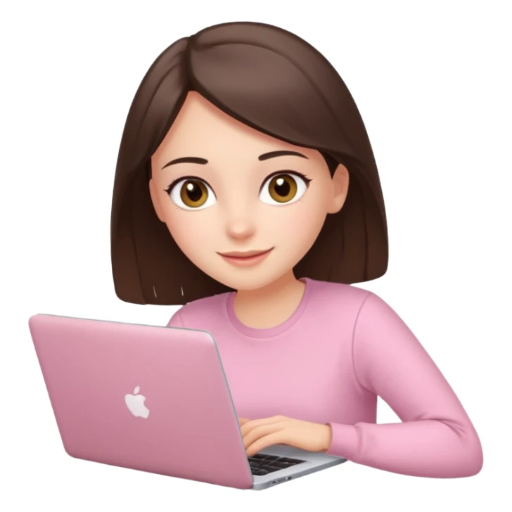 happy white brunette girl with hazel eyes in light pink using laptop sticker