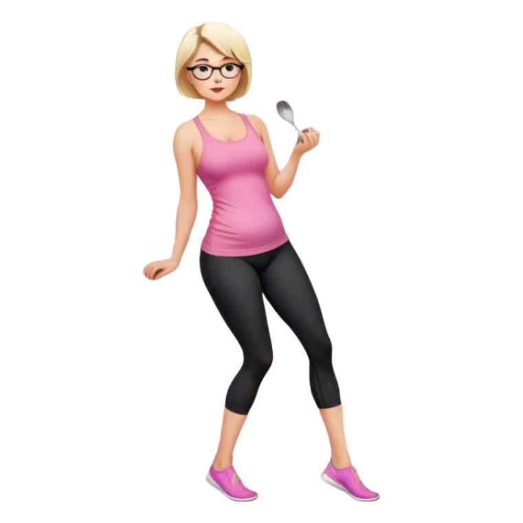Render from knees up, view from the side, fair skinned woman, curvy, short blond hair, small reading glasses, cooking dinner in kitchen, pink loose tank top, showing natural B cup breast shape SFW, black yoga pants, large curvy booty sticker