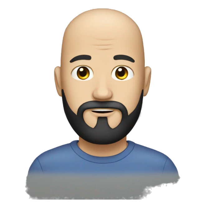 White man with black beard and with no hair. He's wearing a cup sticker