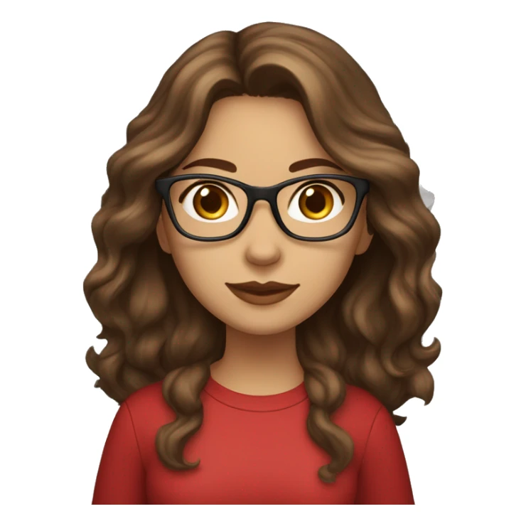 female coder with apple laptop in front of her, long wavy brown hair, brown eyes, type of glasses cat eyes, light skin, dark-brown wavy hair, red clothes sticker