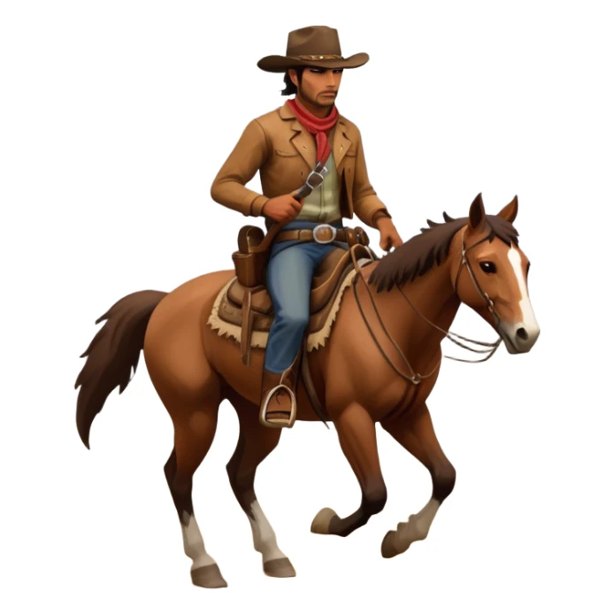 An icon representing an adventure game, inspired by Red Dead Redemption II. The design features a rugged cowboy riding a horse through a vast, open landscape with mountains, deserts, and wild animals. The atmosphere conveys exploration, action, and the thrill of the journey. Transparent background sticker