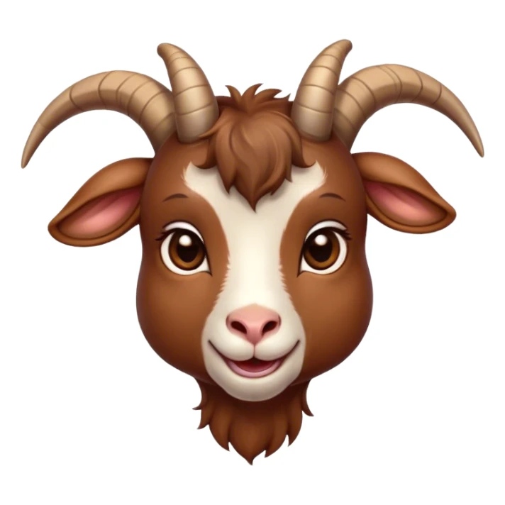 Cinematic Cute Brown Goat Portrait Emoji, Head tilted playfully and inquisitively, featuring a glossy, rich brown fur with charming curved horns, round, sparkling eyes filled with gentle curiosity, Simplified yet irresistibly adorable features, highly detailed, glowing with a warm, friendly glow, high shine, affectionate and lively, stylized with a touch of rustic whimsy, bright and endearing, soft glowing outline, capturing the essence of a mischievous yet loving goat, so playful it feels like it could trot out of the screen and into your arms! sticker