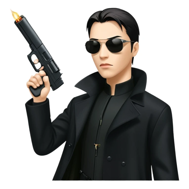 Neo from The Matrix in long black coat, sunglasses, and stopping bullets sticker