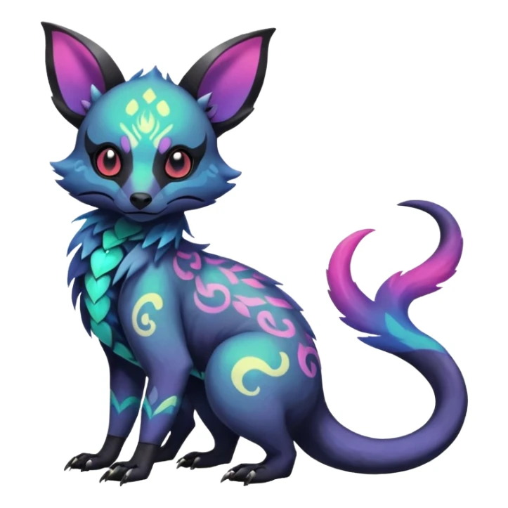 Rare neon iridescent white exotic cute epic aesthetic gothic colorful Salandit-Eevee-Civet-species-Fakemon-hybrid-creature, with intricate tattoo markings, full body sticker