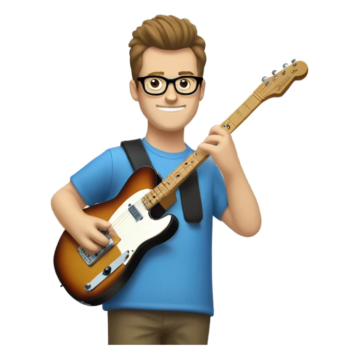 A nerdy white guy with glasses with short brown hair with a small quiff playing a blue classic telescaster sticker