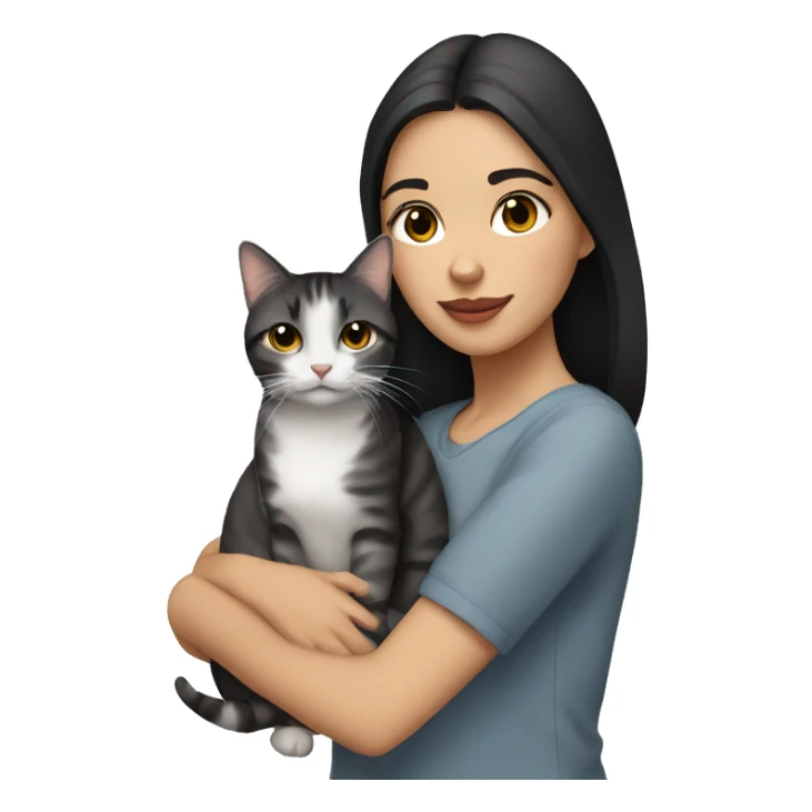 A black haired white girl with hazel eyes holding a gray tabby cat sticker