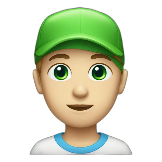 boy with green eyes and triangle head face shape, wearing a reverse blue cap sticker