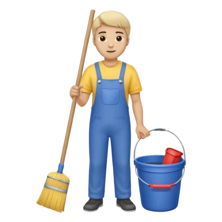 ligth man in cleaning clothes, holding a broom and a bucket sticker