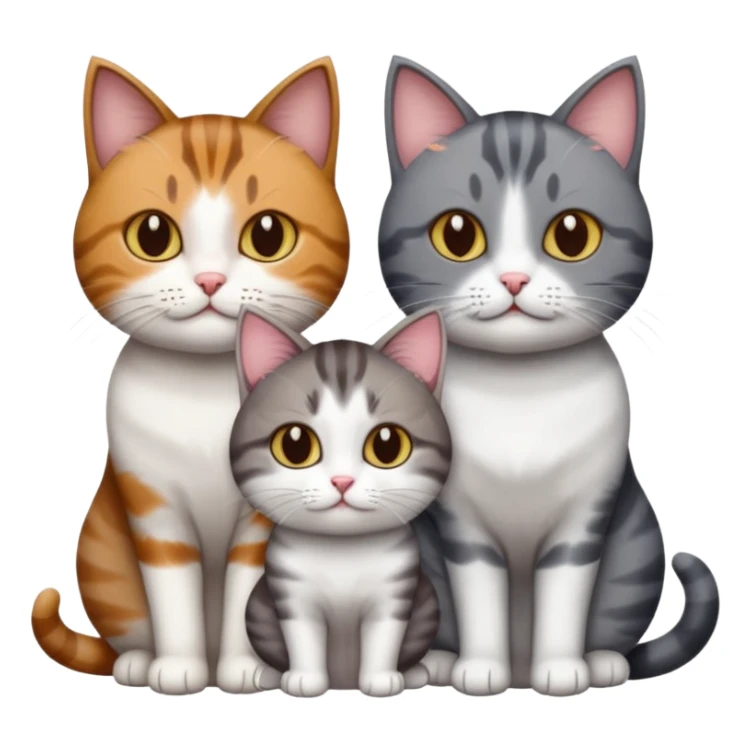 3 different coloured short haired cats including; a dark brown tabby and white cat, and a dark grey and white  sticker