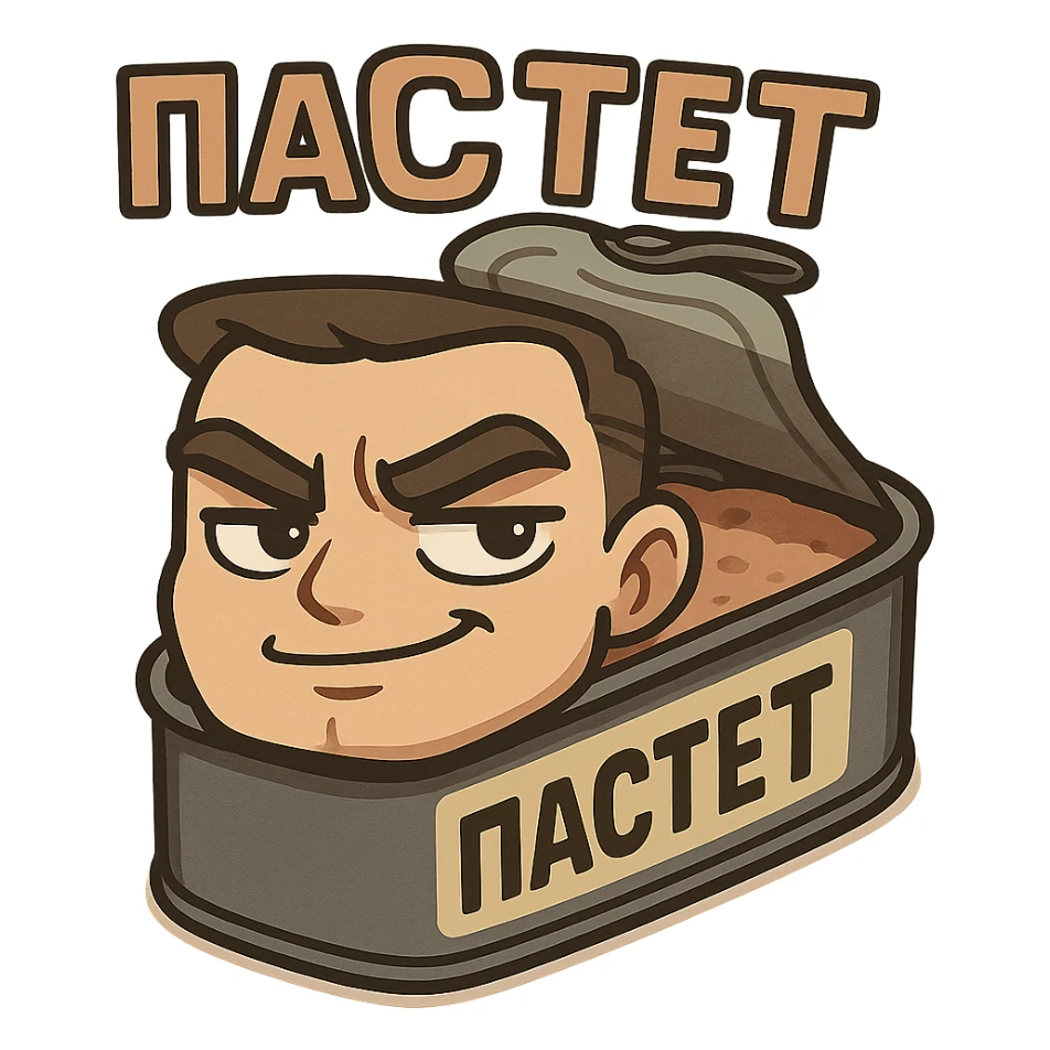 Chibi style open pâté tin can with visible pâté inside, masculine vibe, confident tough expression, half-smile smirk, thick eyebrows, slightly narrowed eyes, calm dominant energy, cartoon but not babyish, strong simple shapes, thick bold outline, muted colors (beige, brown, dark gray), flat illustration, no background, Twitch emote style, readable at small size, text on top saying "ПАСТЕТ" in bold strong Cyrillic letters sticker