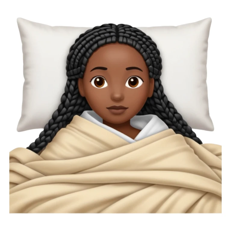 A dark-skinned Black woman with black box braids, lying on her side in bed, wrapped in a blanket, resting on a pillow sticker