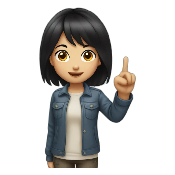 small girl with black hair showing hand with 1 finger up sticker