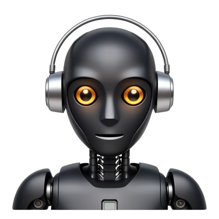 modern face of a black robot with white led eyes, red background sticker