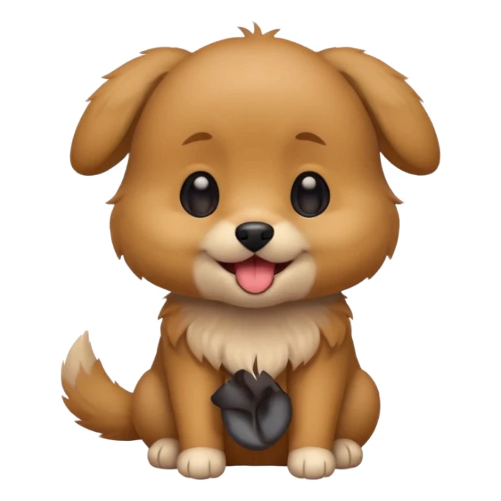 Cute small brown fluffy dog emoji icon. Round face, short muzzle, light brown fur with slightly darker ears, small black nose, happy smiling expression with tongue out. Soft friendly eyes, sitting pose with front paws together. Simple clean vector style, minimal details, kawaii style. sticker