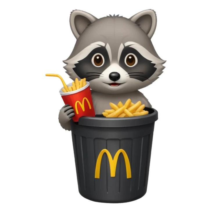 A cute raccoon eating McDonald's over a trash can sticker