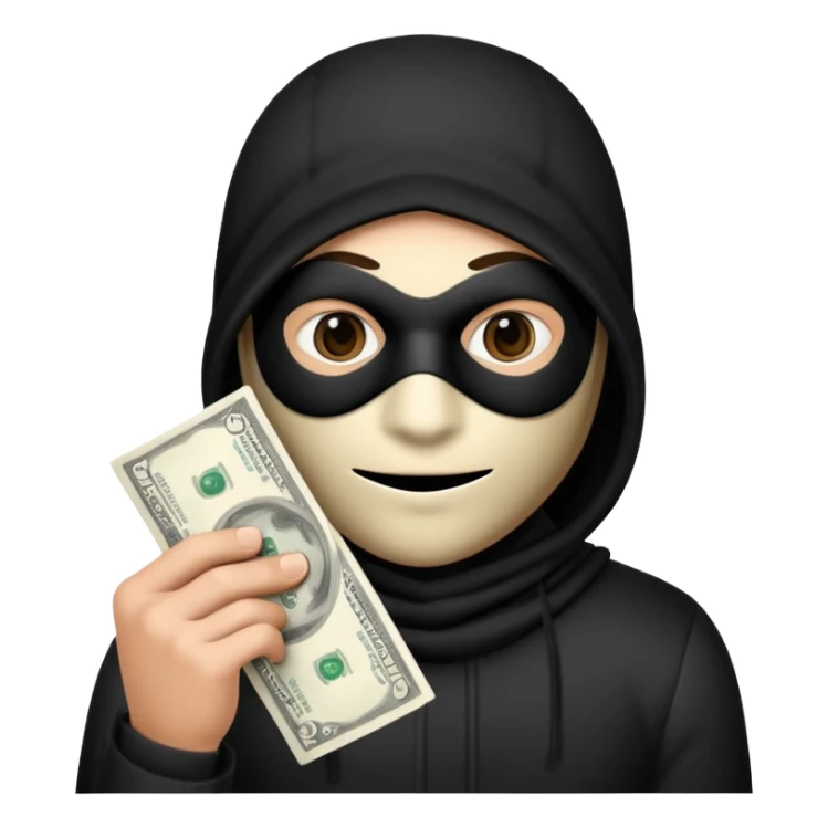 Make a robber emoji holding a bank cash with black white pattern  sticker