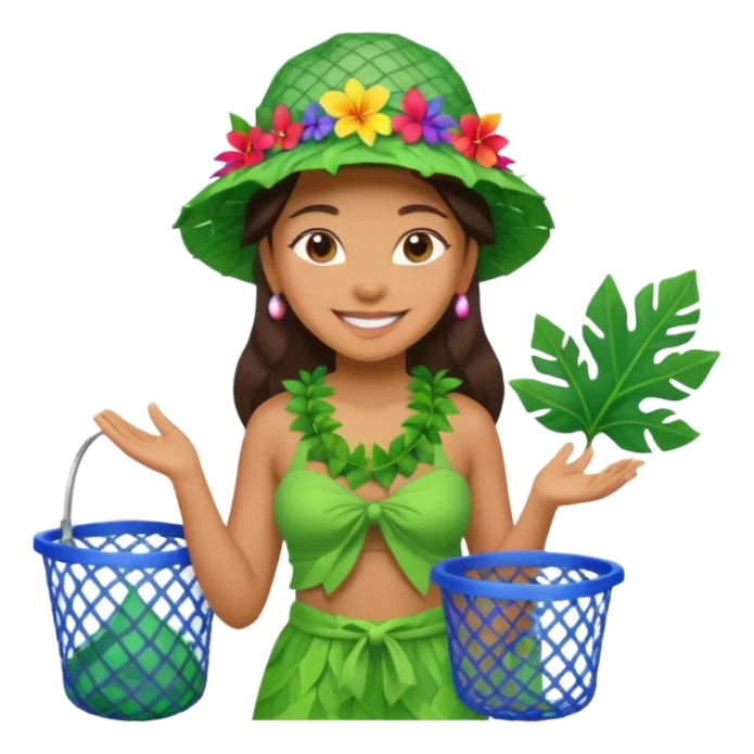 Hawaiian woman with leaf hat and big trash net and colorful cloth sticker