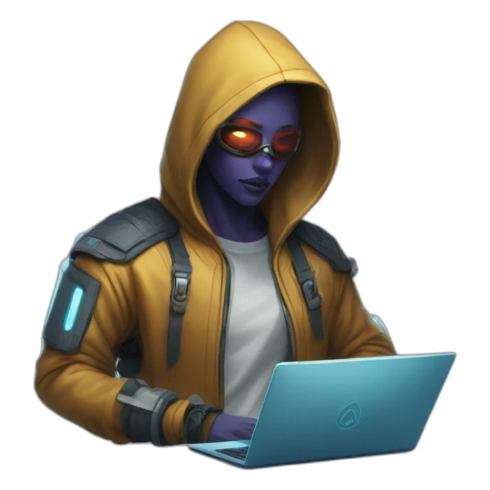 netrunner from cyberpunk with laptop in back hoodie and white skin sticker