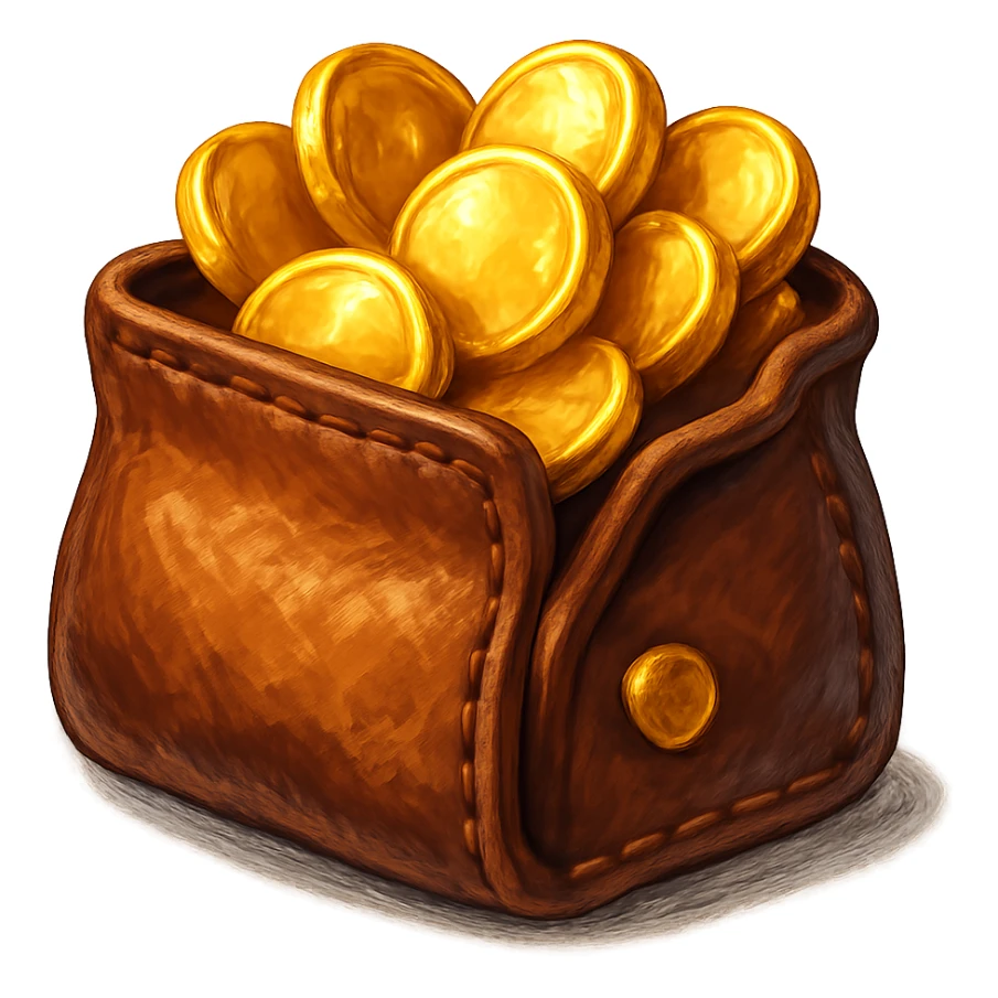 В cлегка рисованной, но при этом объемной и яркой стилистике сгенерируй картинку кожаного кошелька, из которого торчат фотореалистичные золотые монеты. Они должны выглядеть не как пластмассовые, а как настоящее золото. Прозрачный фон sticker