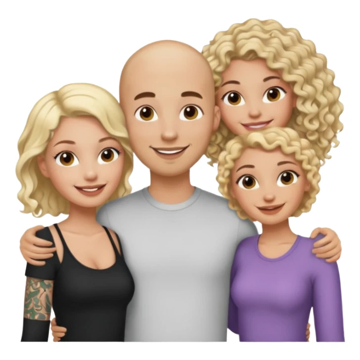 throuple tatted bald boyfriend with two girlfriends, one long blonde hair, other short curly brunette  sticker