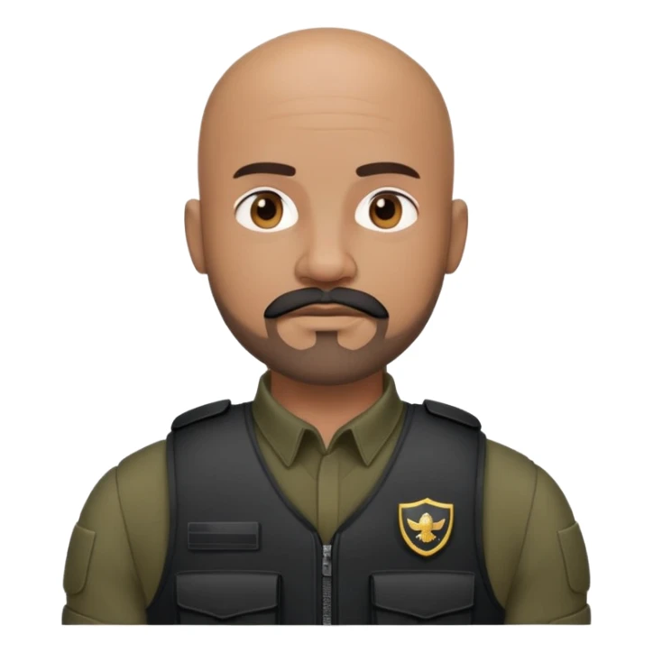black soldier bald head, short beard that connects seamlessly to his mustache,  in black bulletproof vest sticker
