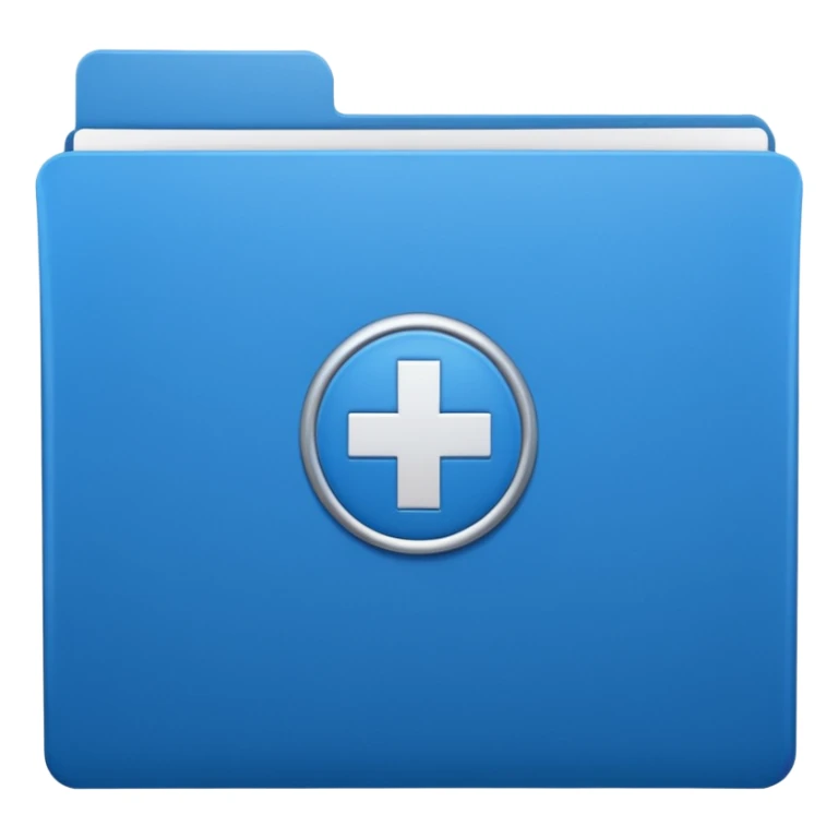 A simple emoji-style icon of a blue multipocket folder, clean and minimal, with layered inner tabs, subtle shading, and a small health/medical documents symbol on the front sticker