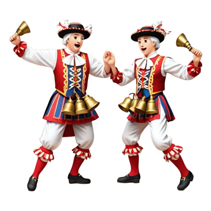 Cinematic Realistic scene of two performers executing a Morris Dance in full traditional costume—with bells, ribbons, and clogs—captured in dynamic motion against a rustic English backdrop and warm, golden lighting sticker