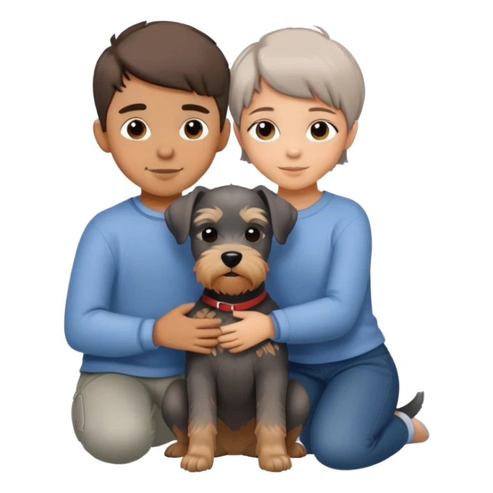 a boy and a shorthair girl hugs a Schnauzer sticker