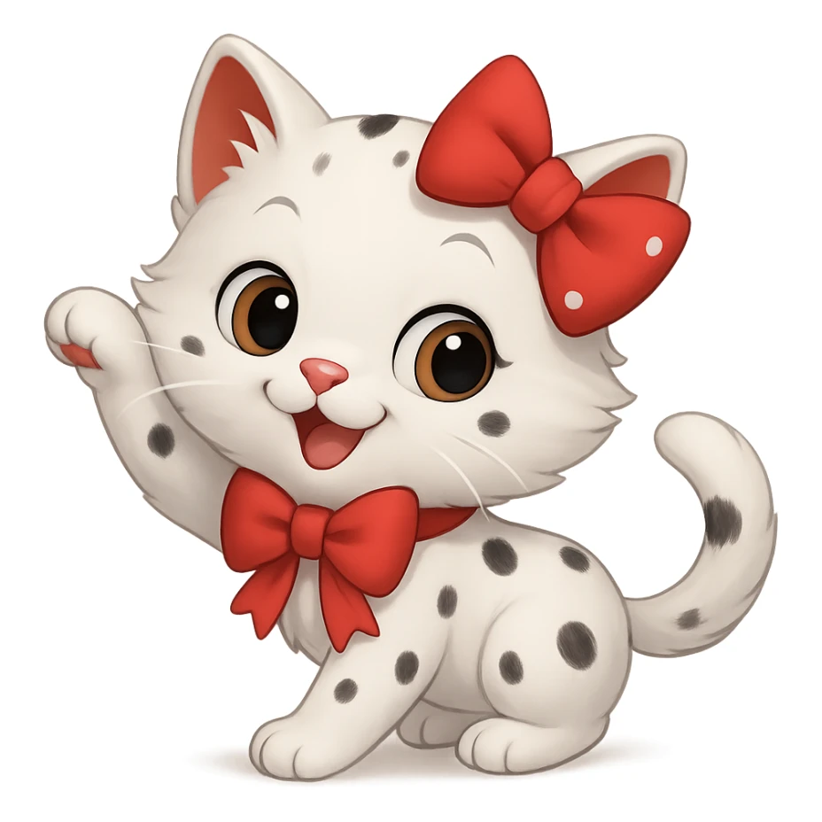 Make the kitty in a playful pose, keep it small, white with small black spots and a red bow, with no background. The style should be suitable for a small, cute cat illustration with no background. sticker