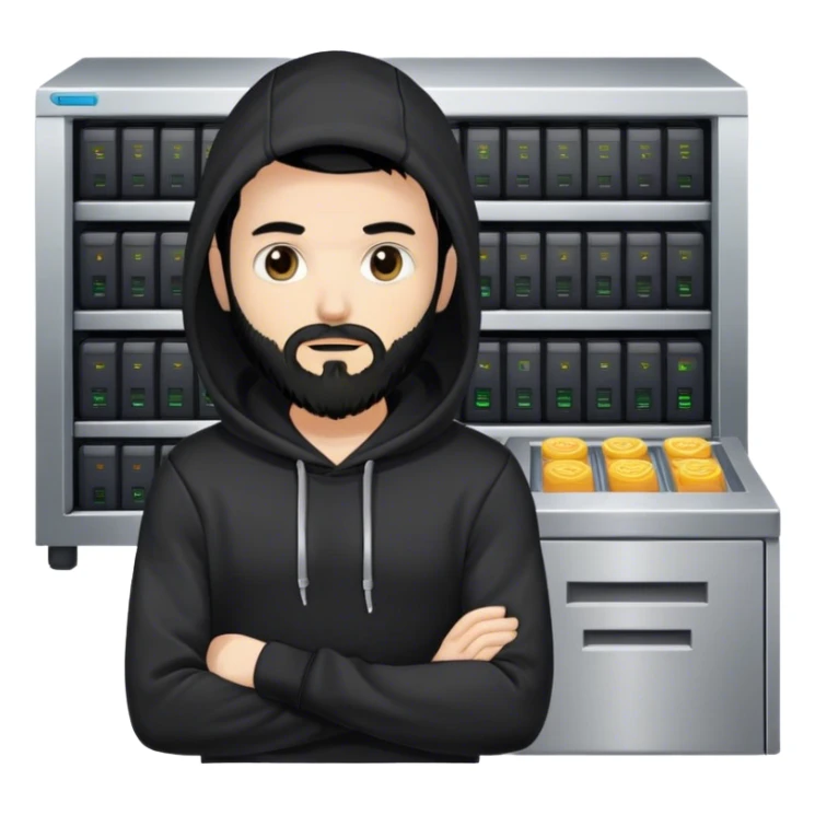 hackeur blanc cheveux noir barbe et capuche noir à côté d'un server sticker