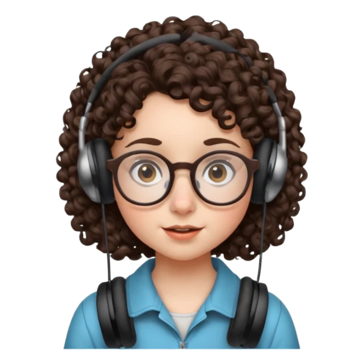 brunette kid with unique face features and very curly hair kid girl neutral and big glasess and big nose and dark eyes with freckles kind of nerd looking and headphone wearing sticker