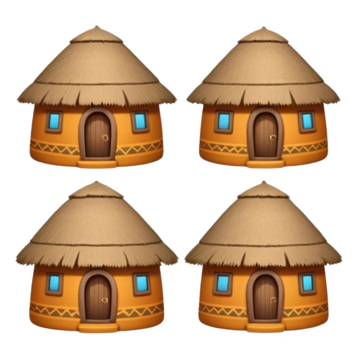 4 different African mud hut tribal houses, each unique, round adobe clay huts, thatched roofs, colorful tribal decorations, mobile game icon style, 3D cartoon, clean background, consistent lighting, consistent proportions sticker