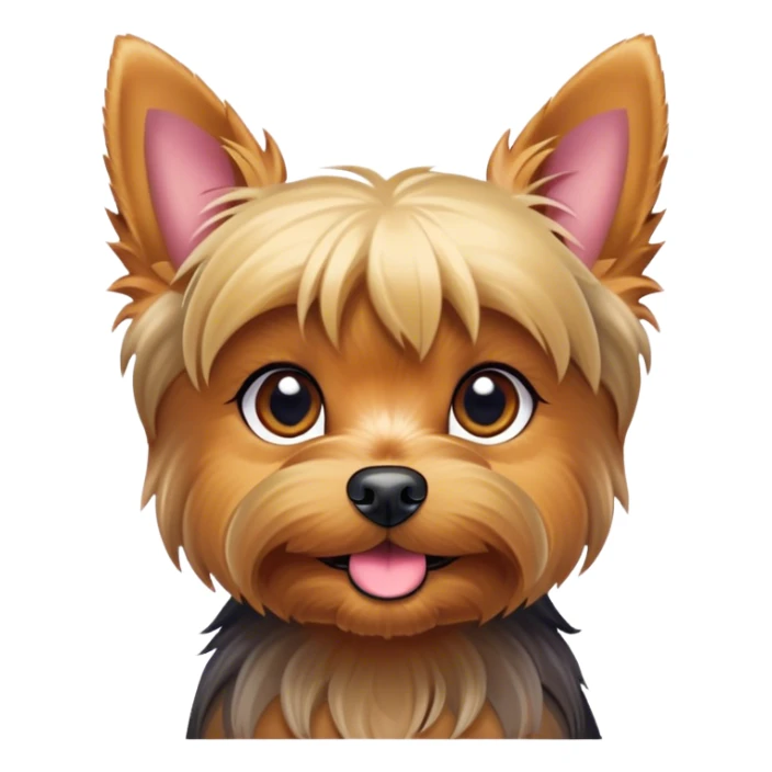 Cinematic Cute Yorkshire Terrier Portrait Emoji, Head perked with bright, twinkling eyes and a perky expression, showcasing a soft, silky fur in rich hues, simplified yet adorably detailed, glowing with a cheerful, inviting glow, high shine, exuding playful intelligence and spunky charm, styled with a gentle, whimsical outline, capturing the essence of a cute Yorkshire Terrier that appears ready to frolic off the screen with irresistible energy! sticker