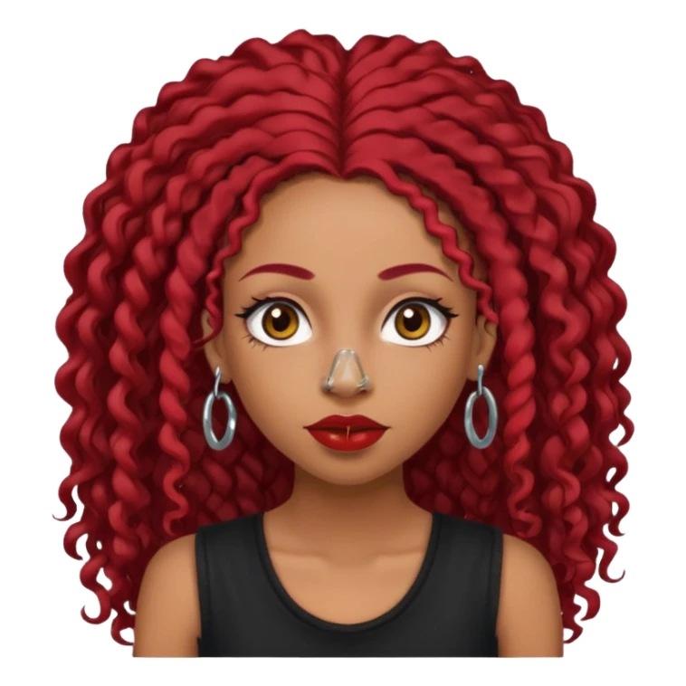 light-skinned black girl with very long eyelashes with long curly dark red hair with edges wearing a black top with no sleeves. and a red accessory on her head with nose and mouth piercings and is a baddie and looks like a bad girl. sticker