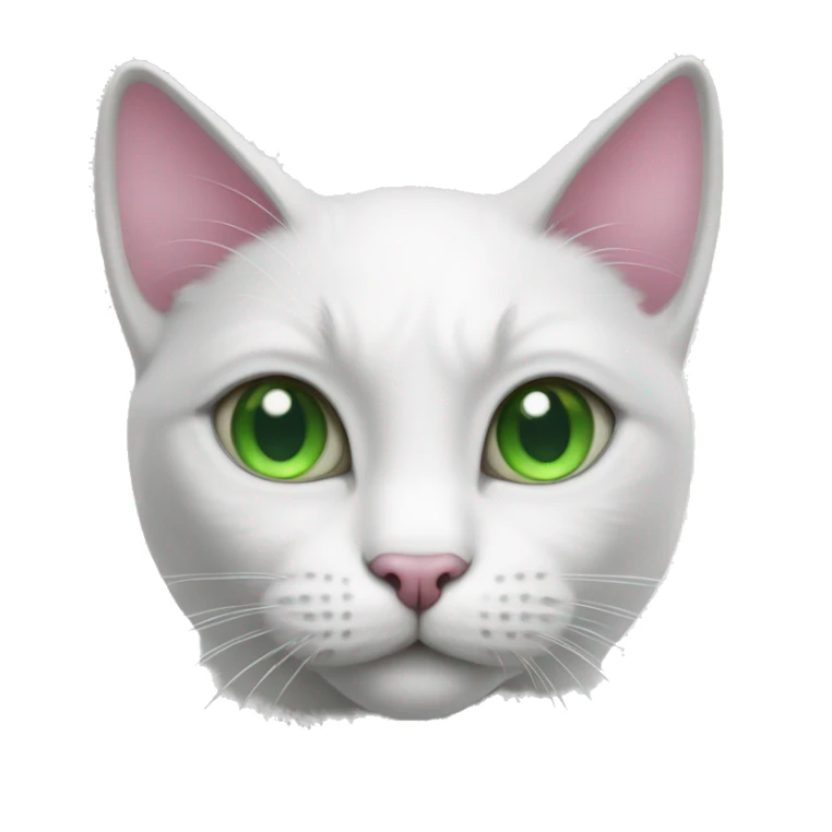 white cat, gray stain, with green eyes, pink nose sticker