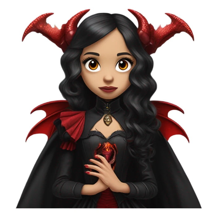 surprised Lavish Victorian black evening gown with see-through gloves, Jenna Ortega as Addams girl Jedi wearing a steampunk mini tiara, very large blood red evil-looking horned dragon sticker