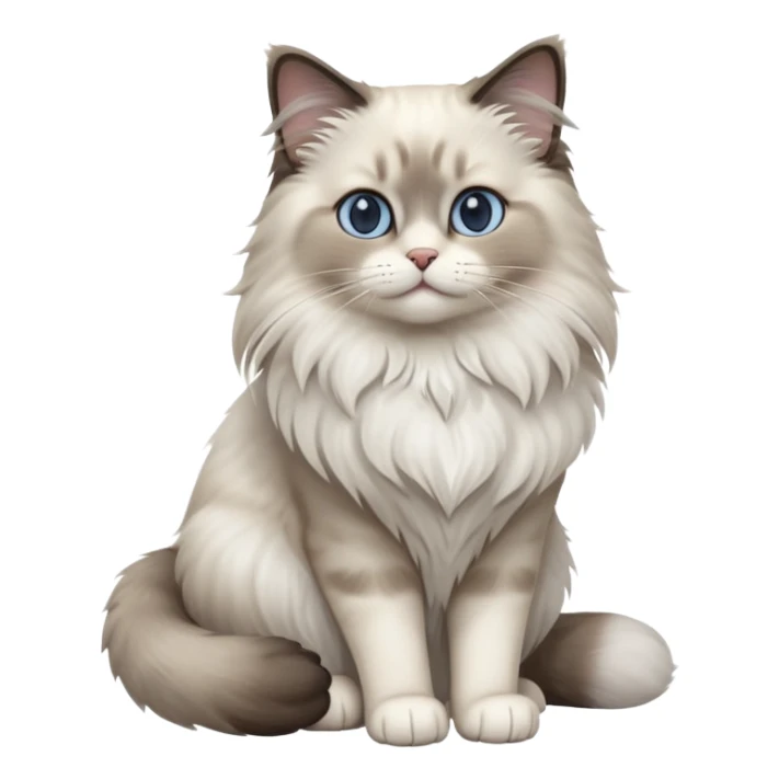 cinematic-[Ragdoll cat]-realistic-full-body-sitting-emoji,-tail-curled-playfully-around-its-paws,-head-tilted-dramatically,-fluffy-[grey ragdoll cat]-fur,-simplified-yet-realistic-focused-features,-highly-detailed,-glowing-with-an-almost-sarcastic-glow sticker