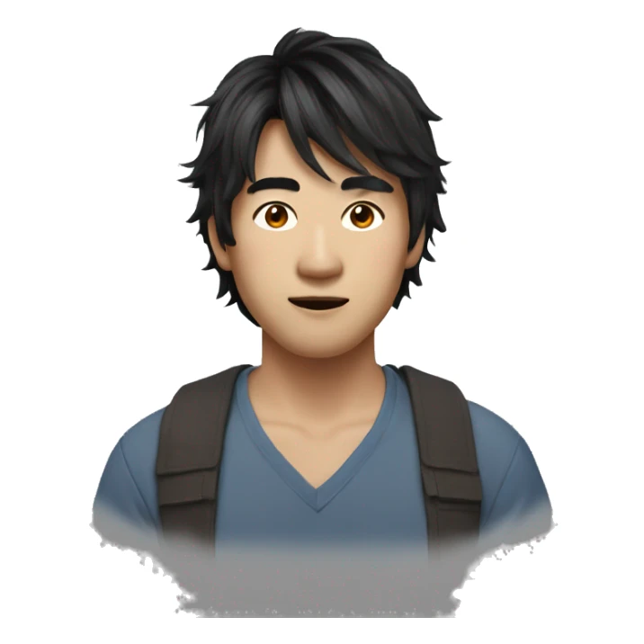 asian man, Medium-length layered, hairstyle with side-swept bangs, Messy, textured hair with natural volume sticker