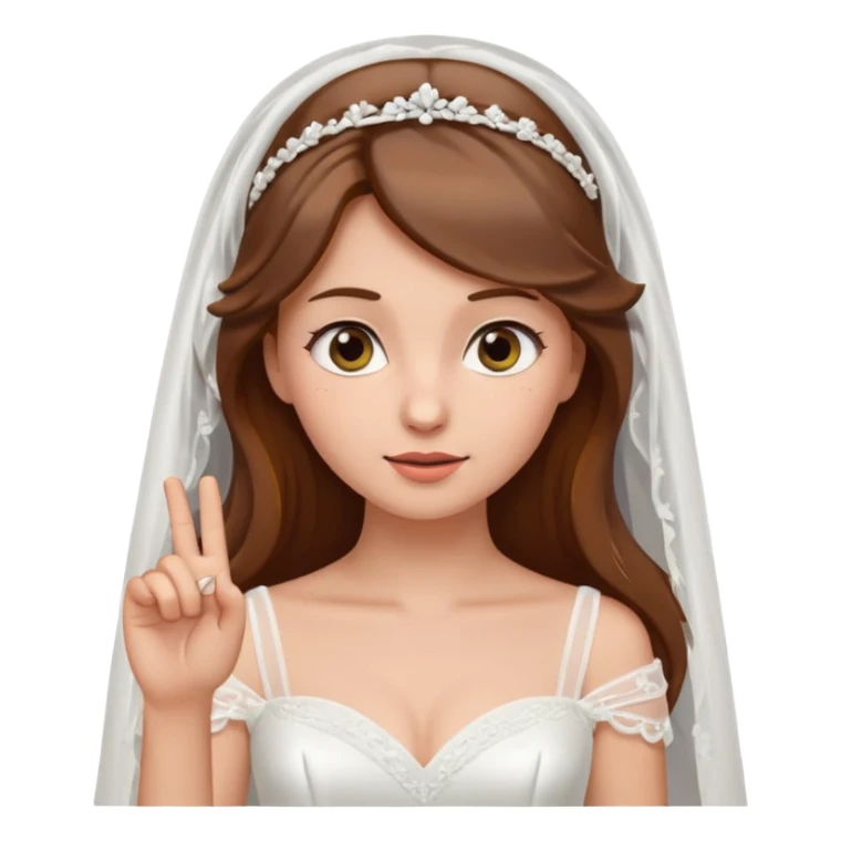brown-haired bride in a white wedding dress and veil, curious expression, pointing to her head with her index finger, cute emoji style. sticker
