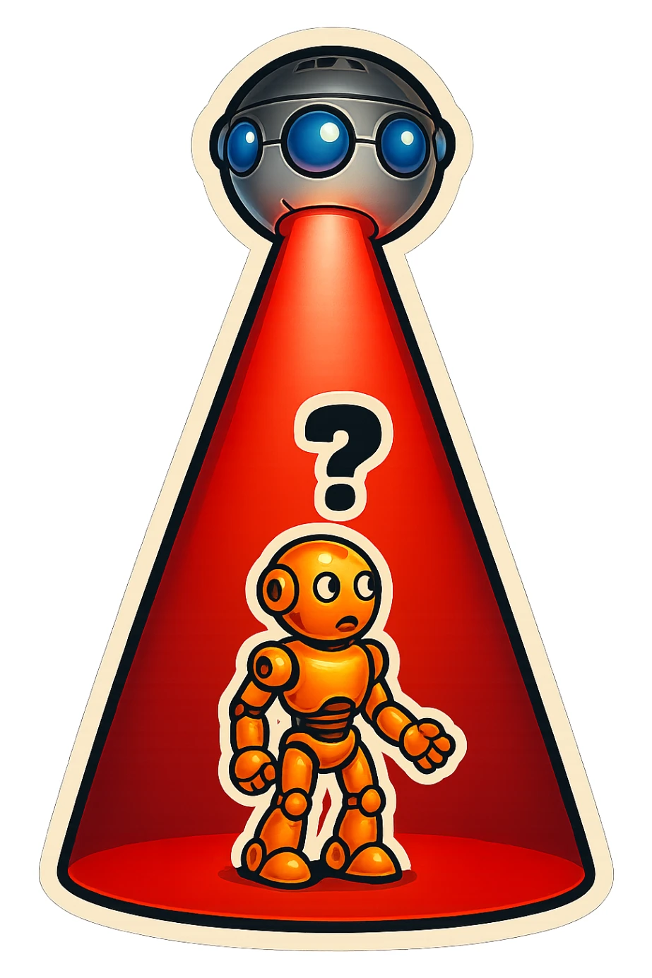 new character...robot being hit with a red beam by a flying robot sticker