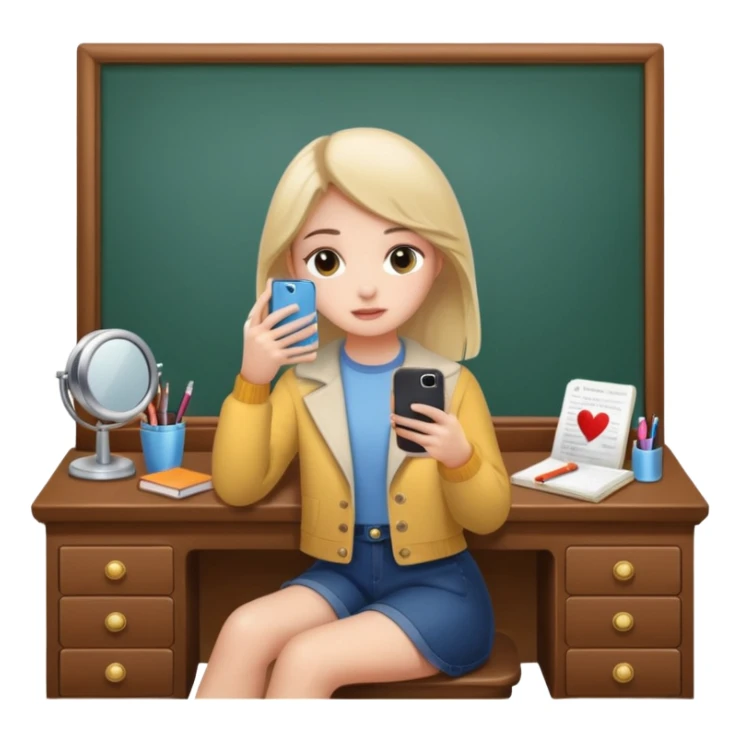 Girl sitting at vanity taking out picture with iphone 15 plus and study materials on the vanity sticker